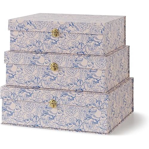 Soul & Lane Blue and White Floral Cardboard Decorative Storage Boxes with Gold Hardware - Set of 3, Aviary Garden - Stacking Boxes with Lids for Home Decor and Organizing, Elegant Design