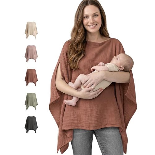 Konssy Muslin Nursing Cover for Breastfeeding, 360° Full Privacy Breathable 100% Cotton Breastfeeding Cover, Multi-use Carseat Canopy(Chestnut)