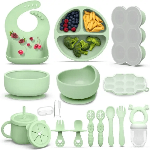 16 Pack Silicone Baby Feeding Set, BPA-Free Baby LED Weaning Supplies, Include Suction Plates, Baby Bowls, Silicone Fork & Spoon, and More, First Stage Baby Food Eating Utensils - 6+ Months(Green, 16)
