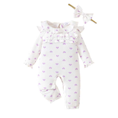 Kucnuzki Newborn Baby Girls Bodysuits 6-12 Months Baby Girls Winter Clothes Round Neck Long Sleeves Knit Romper Hearts Print One-piece Overalls with Headband 2pcs White