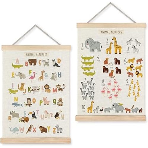LUVADIAN Alphabet Numbers Educational Poster - Classroom Nursery Wall Decor Poster Hanger Frame Set of 2, Woodland Animals Nursery Decor, Toddler Learning Posters for Nursery Kids Room,12x16 Inches