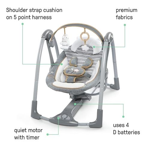 Ingenuity Swing 'n Go Deluxe 5-Speed Baby Swing with Cushioned Harness - Foldable, Portable, 2 Plush Toys & Sounds, 0-9 Months 6-20 lbs (Bella Teddy)
