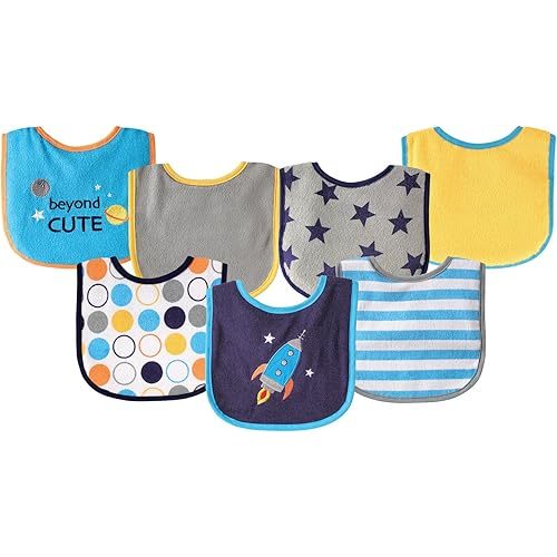 Luvable Friends Unisex Baby Cotton Terry Drooler Bibs with PEVA Back, Blue Rocket, One Size