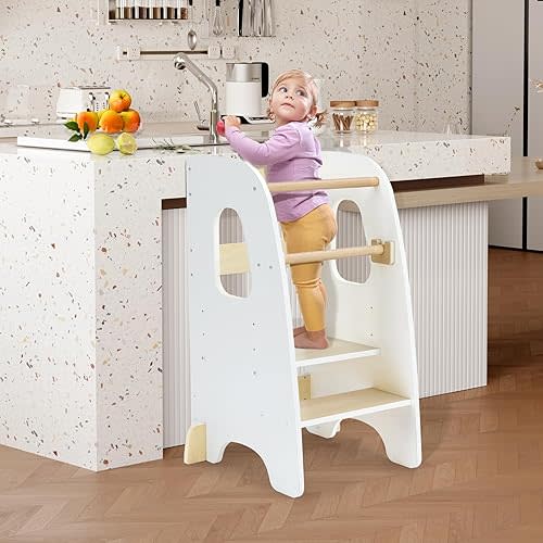 Ezebaby Toddler Standing Tower, 3-Adjustable Height Toddler Kitchen Step Stool, Kids Helper Stool for Learning New Skills-White