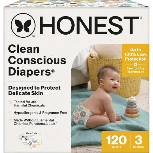 The Honest Company Clean Conscious Diapers for Sensitive Skin | Hypoallergenic, Fragrance Free | Gender Neutral Prints | Super Club Box, Size 3 (16-28 lbs), 120 Count