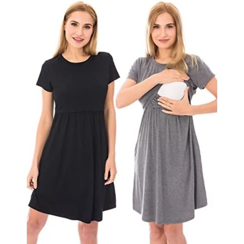 Bearsland Women's Short Sleeves Maternity Dress Nursing Breastfeeding Dresses with Pockets
