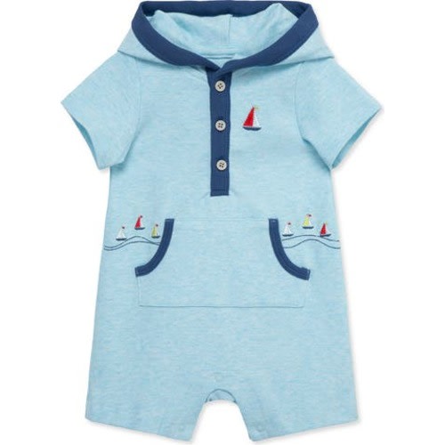 Breezy Sailboat Embroidered Cotton Hooded Romper, 12M