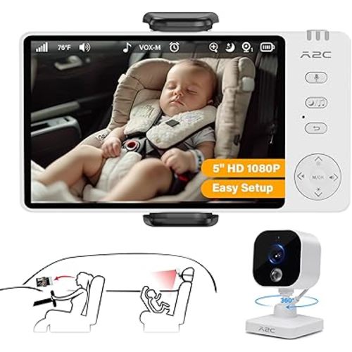 A2C Baby Car Camera, 5" 1080P HD Baby Monitor with Night Vision & VOX Mode, Rear-Facing Car Seat Monitor for Backseat & Home, 1000FT Range, USB Powered Plug & Play (No WiFi Needed)