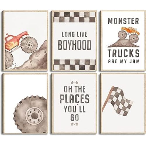 YDBFVFGF Race Car Wall Art Monster Truck Posters Black And White Checkered Racing Flag Pictures Watercolor Cartoon Color Painting Vintage Kids Canvas Prints for Boys Playroom Nursery Gifts Wall Decor