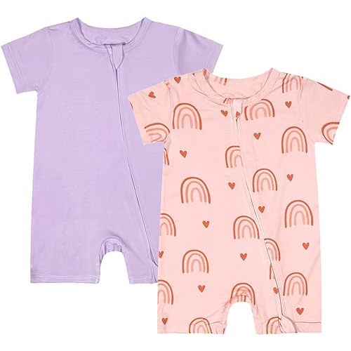 Teach Leanbh Baby Boys Girls 2 Pack Bamboo Viscose Pajamas 2 Way Zipper Short Sleeve Romper Jumpsuit Sleep and Play