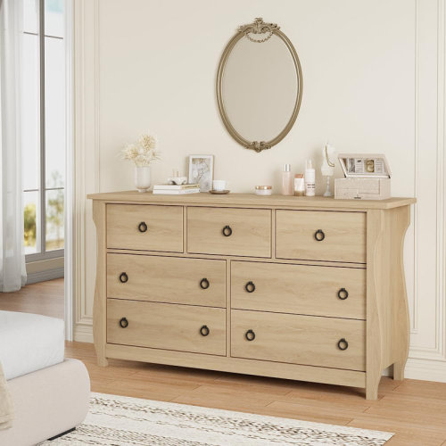 Breakwater Bay 7-Drawer Dresser - Tall Boho Dresser with Curved Legs, Rattan Accents, and Freestanding Storage for Living Room, Bedroom, Entryway, or Balcony | Wayfair
