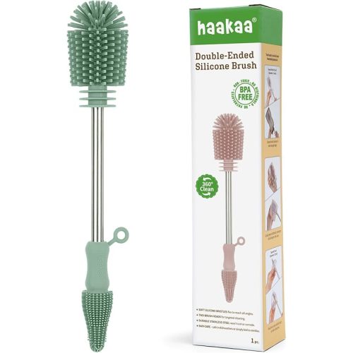 Haakaa Silicone Cleaning Brush for Baby Bottles and Crevices, Double-Ended Bottle Brush for Breast Pumps, Milk Collectors, Nipples and Breastmilk Storage Bags, Food-Grade Silicone, Pea Green, 1 Pack