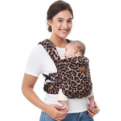 Momcozy Newborn Carrier WeeSnug- Lightweight and Cozy Comfort for 7-25 lbs, Ergonomic Cross-Back Support, Effortless to Put On, Hands-Free Baby Carrier with Lumbar Support, Neutral Leopard