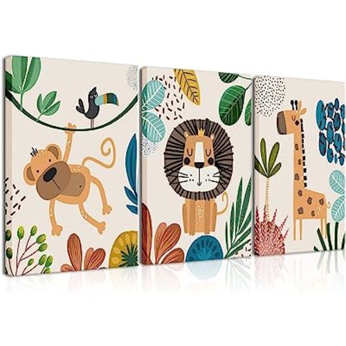 AKWISH 3Pcs Framed Safari Animals Canvas Wall Art Prints Picture Boy Girl's Kids RoomWall Decor for Classroom Shower Theme Decorations Nursery Baby Children's Room Bedroom Ready to Hang (12"x16"x3)