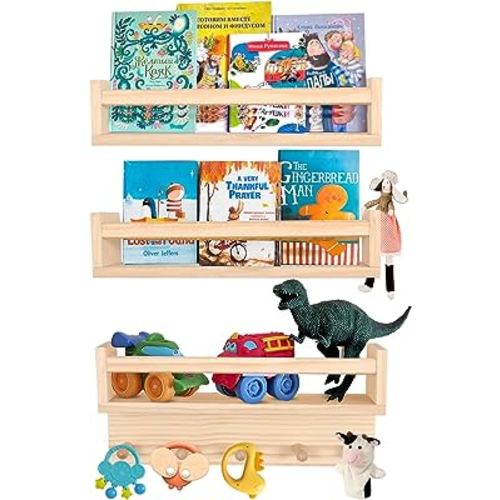 Nursery Book Shelves,Wood Floating Nursery Shelves for Wall,Wall Bookshelves for Kids (Set of 3 Nature add Hook)