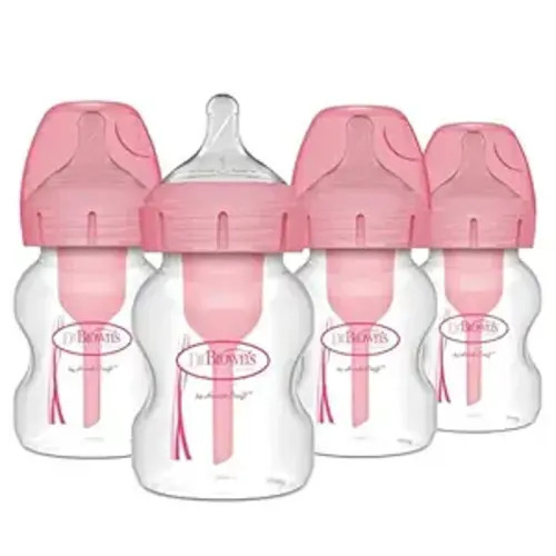 Dr. Brown's Natural Flow Anti-Colic Options+ Wide-Neck Baby Bottles 5 oz/150 mL,with Level 1 Slow Flow Nipple, Pink 4 Pack, 0m+