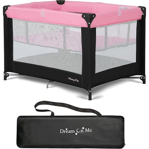Dream On Me Zazzy Portable Playard with Bassinet in Pink, Packable and Easy Setup Baby Playard, Lightweight and Portable Playard for Baby with Mattress and Travel Bag
