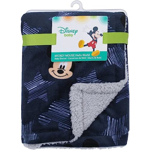 Disney Mickey Mouse Hello World Star/Icon Super Soft Double Sided Velour/Sherpa Baby Blanket, Navy, Grey, White