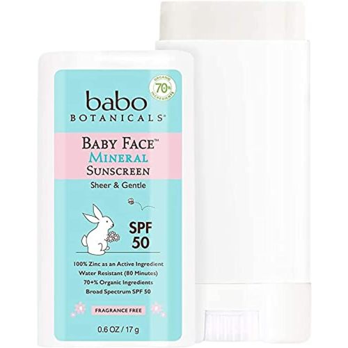 Babo Botanicals Baby Face Mineral Sunscreen Stick SPF 50 – with 70+% Organic Ingredients & Zinc Active – Water-Resistant, Reef-Friendly & Fragrance-Free – 0.6 oz, 1-Pack, 8065AMZ