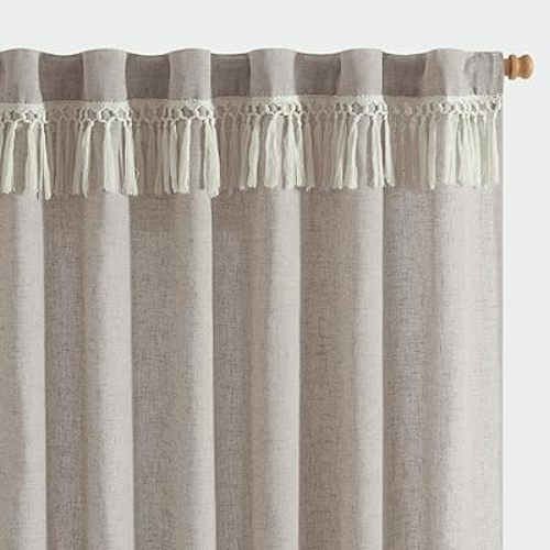 jinchan Boho Curtains 84 Inch Long 2 Panels, Linen Blend Farmhouse Drapes with Tassels for Bedroom Living Room, Light Filtering Cottage Core Curtians, W50 x L63 with Rod Pocket & Back Tab, (Taupe)