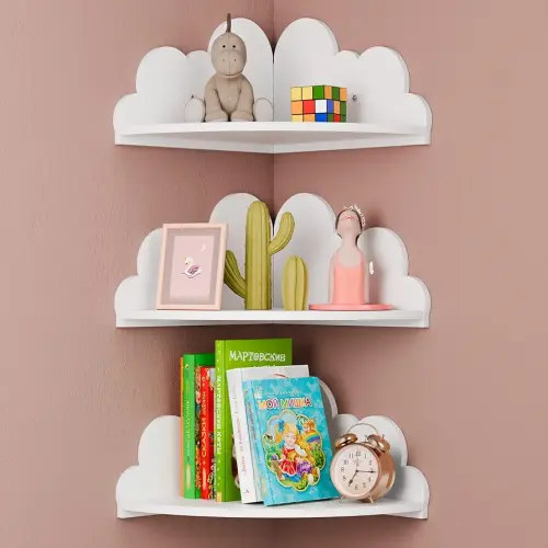 Cloud Floating Corner Shelves - Set of 3 Cloud Corner Wall Shelves for Kid’s Room, White Corner Shelf Nursery Wall Deor, Small Cute Cloud Dispaly Shelf Wall Mounted for Toys, Plants & Storage.
