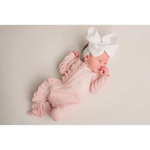 Baby girl coming home outfit, monogrammed footie, ruffle footie, newborn picture outfit, baby girl clothing, baby shower gift, pink waffle,