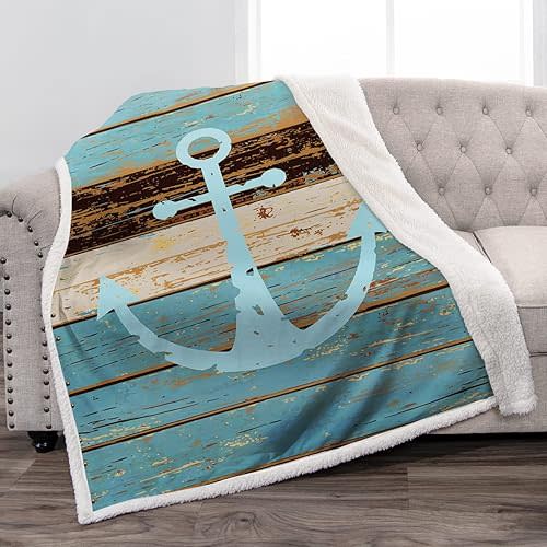 Jekeno Nautical Anchor Gifts for Women Men Boys Girls Christmas Birthday Presents Retro Ocean Theme Decor Kids Adults Bedroom Soft Plush Cozy Sherpa Throw Blanket for Couch Sofa 50"x60"