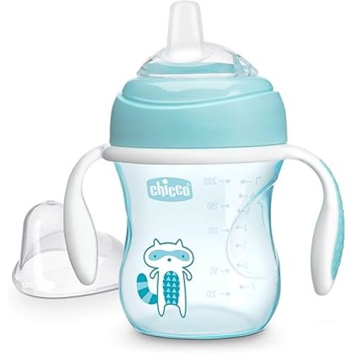 Chicco Transition Sippy Cup with Silicone Spout and Spill-Free Lid 7oz.| Calibration Markings | Removable Handles | Top-Rack Dishwasher Safe | Easy to Hold with Ergonomic Indents |Blue| 4+ Months