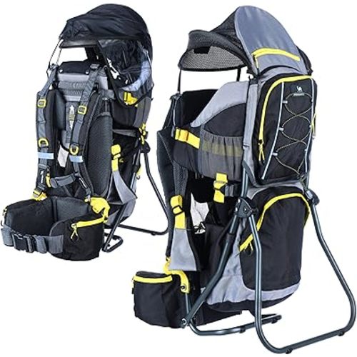 Hiking Baby Carrier – Lightweight Child Carrier Backpack with Sun Shade & Rain Cover – Insulated Storage – Padded Comfort – Adjustable Fit & Safety Harness - Yellow/Grey