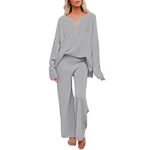 Pink Queen Women's 2 Piece Outfit Set Long Sleeve Button Pullover Sweater Top and Wide Leg Pants Knit Sweatsuit