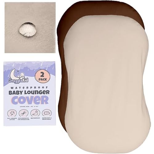 100% Waterproof Baby Lounger Cover - 2-Ply Organic Cotton Slipcovers Keep Your Lounger Clean & Your Baby Comfy - Machine Washable - (Lounger Not Included) - 2-Pack Includes Cream & Brown