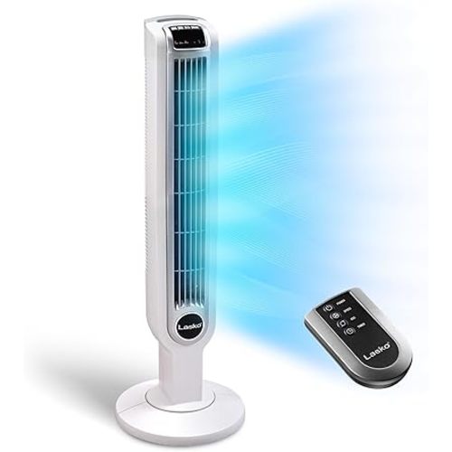 Lasko Portable 36" Oscillating 3-Speed Tower Fan with Remote Control and Timer for Bedroom and Home Office, White, 2510