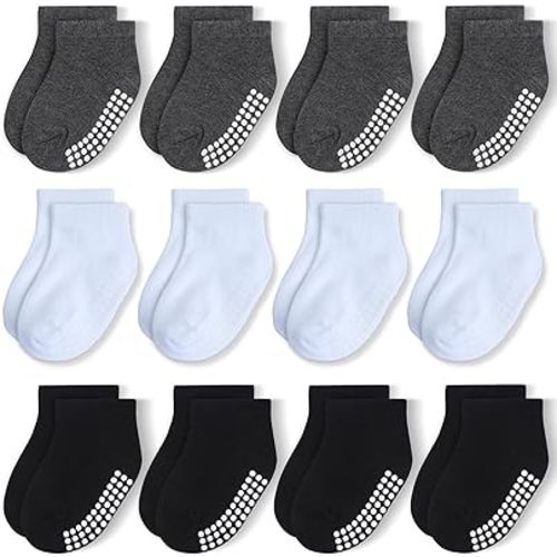 12-Pair Baby Socks Non-Slip Cotton Toddler Socks Ankle Socks for Baby Toddler Kids