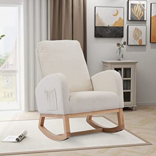 Setawix Rocking Chair for Nursery, Midcentury Modern Velvet Accent Rocker Armchair with Side Pocket, Upholstered High Back Wooden Rocking Chair for Living Room Baby Room Bedroom (Beige)