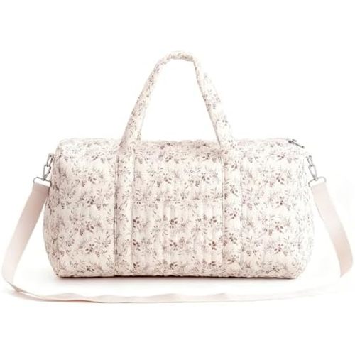 Quilted Duffle Bag for Women Cute Weekender Bags Floral Travel Bag Cotton Diaper Tote Bag (M- Floral Brown)