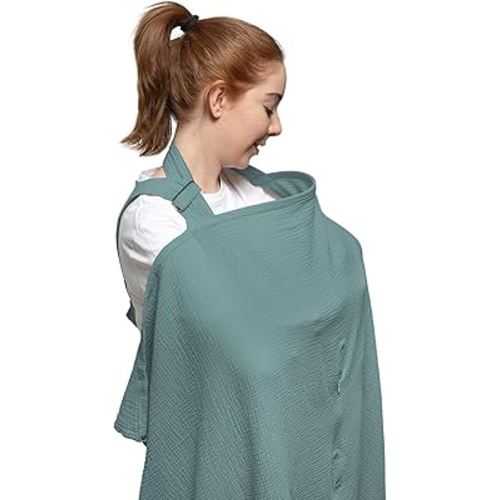 Nilsa 5-in-1 Muslin Nursing Cover up for Breastfeeding & Baby Car Seat Cover - Breathable Breastfeeding Cover With Rigid Hoop - 100% Cotton Privacy Apron Breast Feeding Covers For Women (Mint green)