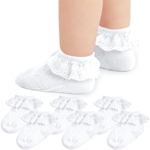 Baby Girl Lace Socks - Newborn Ruffle Cute Infant Princess Dress Frilly Socks 0-3/3-6/6-12/12-24 Months 5/6 Pack