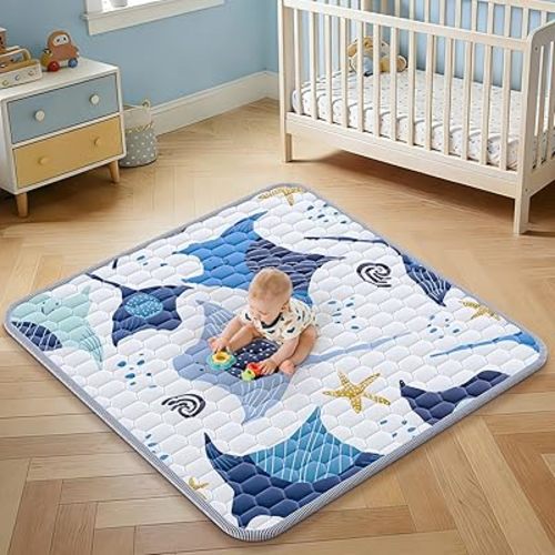 Baby Play Mat 43x43inch - Thick & Soft Ocean Theme Playmat with Ray & Starfish - Padded Crawling Mat for Babies & Toddlers, Non-Slip & Machine Washable Floor for Playpen