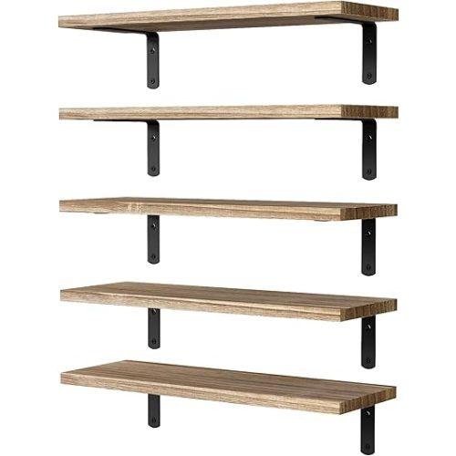 Floating Shelves, 5 Sets Wall Shelves, Wood Floating Shelves for Bedroom Wall Décor, Wall Mounted Floating Bathroom Shelf for Storage, Floating Book Shelf, Living Room – Rustic Brown