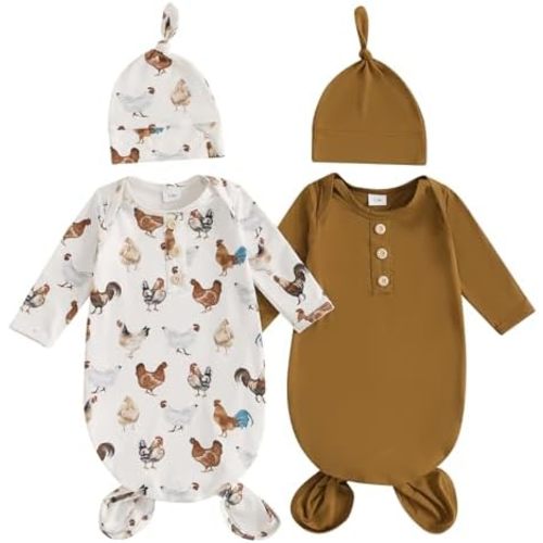 woshilaocai 2 Pack Baby Boy Girl Gown Sleeper Newborn Knotted Nightgown and Hat Set Infant Sleepwear