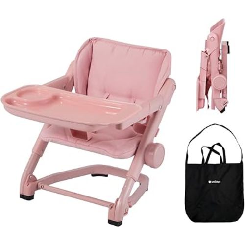 Feed Me 3-in-1 Travel High Chair Booster Seat for Infants and Toddlers - Transitional, Compact & Fits Any Chair, Swivel Tray, Rose Tea