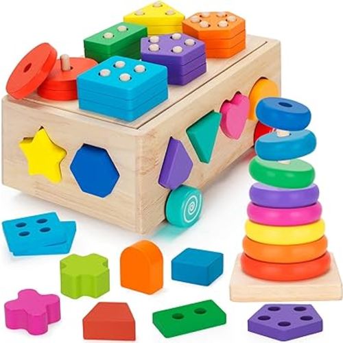 Aigybobo Montessori Toys for Toddlers 1+ Year Old, Wooden Shape Sorting Matching & Ring Stacking Toys, Kids Preschool Learning Toys 12-18 Months, Ideal Gift for Boys Girls Age 1 2 3