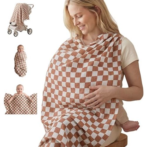 Blissful Diary Muslin Multi-Use Cloth - 4-in-1 Privacy Nursing Cover, Swaddle Blanket, Car Seat Cover, Burp Cloth, Portable Breastfeeding Essentials for Women, Baby Must Have (Brown Checkboard)