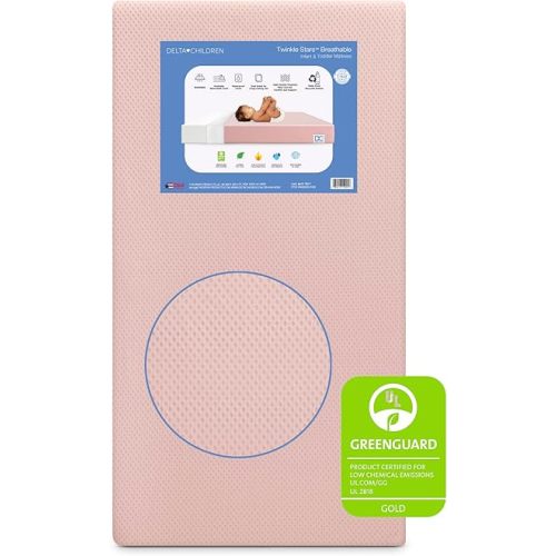 Delta Children Twinkle Stars Crib and Toddler Mattress with Breathable, Removable Machine-Washable Cover - GREENGUARD Gold - Waterproof Baby Bed - Sustainably Sourced Fiber Core - 52”Lx27.5”W, Pink