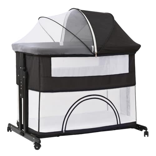 venowu Bedside Crib, 3 in 1 Bassinet with Quick Height Adjustment and Mosquito Nets Rocking Bassinet for Baby, Bedside Bassinet with Wheels, Easy to Fold, Golden Triangle Structure(Grey)