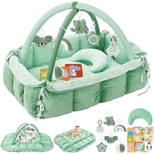5-in-1 Plush Baby Play Gym, Baby Play Mats, Convertible Baby Gym with Pillow, Tummy time mat, Baby&Ped Bed, 6 Sensory Toys, Activity Center from Newborn to Toddler, Cat&Dog Bed, Ball Pit, Sage Green