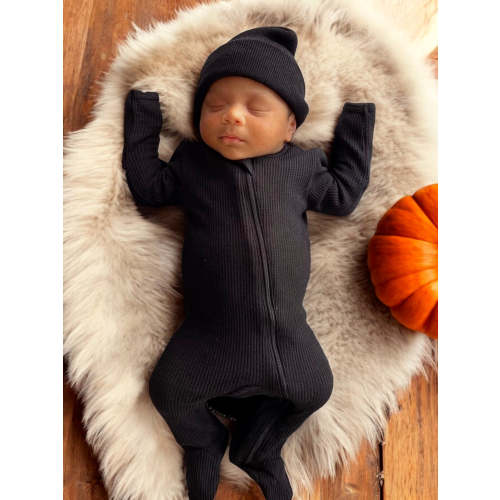 Organic Waffle Basic Zip Footie, Black