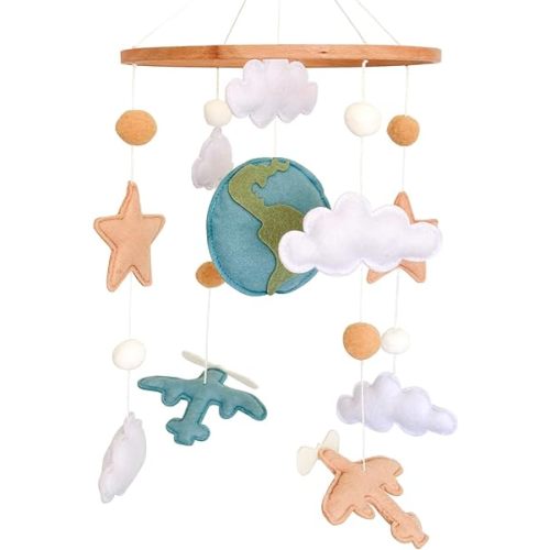 Airplane Baby Crib Mobile, Plane Mobile for Crib, Travel Nursery Decor for Boys, Neutral Vintage Baby Shower Gift, with Clouds, Stars & Globe
