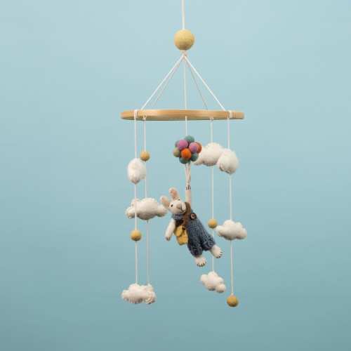 Cloud mobile rabbit baby handmade from felt | Rabbit balloons | Baby room decoration | Gift baby shower, birth, baptism | for boys & girls |