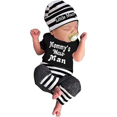 Fommy Newborn Baby Boy Clothes New to The Crew Letter Print Romper+ Pants+Hat 3PCS Outfit